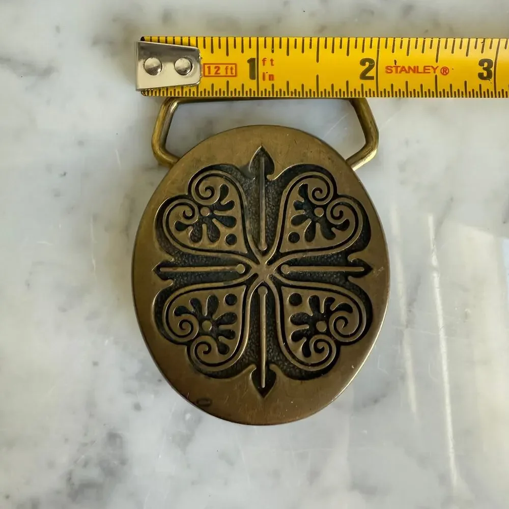Vintage BTS Solid Brass Belt Buckle Made in USA Clover Floral Design